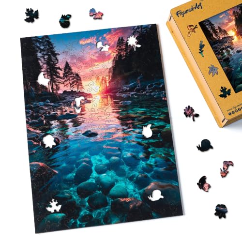 Figured'Art Holzpuzzle Erwachsene und Kinder 200 Teile - Sonnenuntergang über dem Crystal Lake - Originelles Design 23x32,4 cm Einzigartige Form mit Premium-Holzkiste von Figured'Art