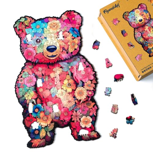 Figured'Art Holzpuzzle Erwachsene und Kinder 200 Teile Tiere - Blumen-Teddybär - Originelles Design 21,6x36 cm Einzigartige Form mit Premium-Holzkiste von Figured'Art