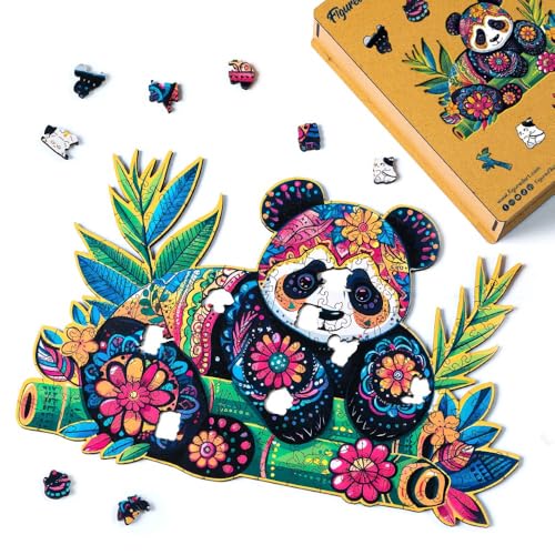 Figured'Art Holzpuzzle Erwachsene und Kinder 200 Teile Tiere - Blumiger Panda - Originelles Design 34x22,5 cm Einzigartige Form mit Premium-Holzkiste von Figured'Art