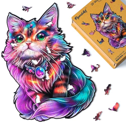 Figured'Art Holzpuzzle Erwachsene und Kinder 200 Teile Tiere - Bunter Katze mit Edelstein - Originelles Design 25,2x39 cm Einzigartige Form mit Premium-Holzkiste von Figured'Art