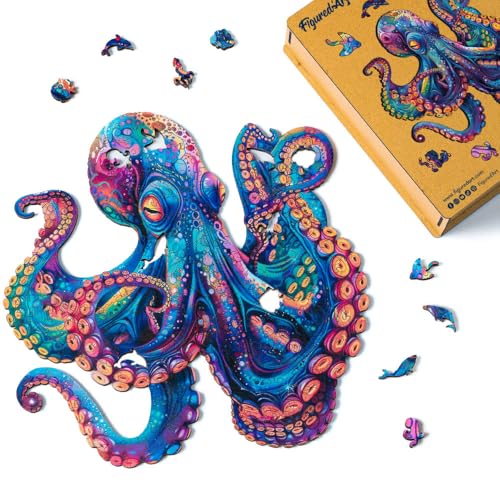 Figured'Art Holzpuzzle Erwachsene und Kinder 200 Teile Tiere - Bunter Oktopus - Originelles Design 28,4x28,5 cm Einzigartige Form mit Premium-Holzkiste von Figured'Art