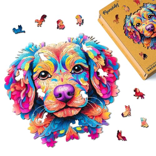 Figured'Art Holzpuzzle Erwachsene und Kinder 200 Teile Tiere - Buntes Hundeporträt - Originelles Design 29x27,5 cm Einzigartige Form mit Premium-Holzkiste von Figured'Art