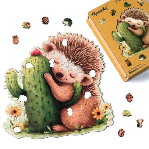 Figured'Art Holzpuzzle Erwachsene und Kinder 200 Teile Tiere - Igel mit Kaktus - Originelles Design 28,2x28,5 cm Einzigartige Form mit Premium-Holzkiste von Figured'Art