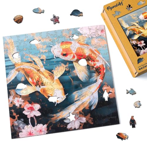 Figured'Art Holzpuzzle Erwachsene und Kinder 200 Teile Tiere - Koi-Fische und Blumen - Originelles Design 28,5x28,5 cm Einzigartige Form mit Premium-Holzkiste von Figured'Art