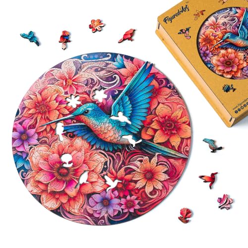 Figured'Art Holzpuzzle Erwachsene und Kinder 200 Teile Tiere - Kolibri und blühende Blumen - Originelles Design 28,5x28,5 cm Einzigartige Form mit Premium-Holzkiste von Figured'Art