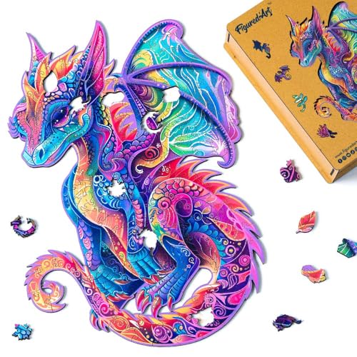 Figured'Art Holzpuzzle Erwachsene und Kinder 200 Teile Tiere - Lebendiger Drache - Originelles Design 30,4x41,1 cm Einzigartige Form mit Premium-Holzkiste von Figured'Art