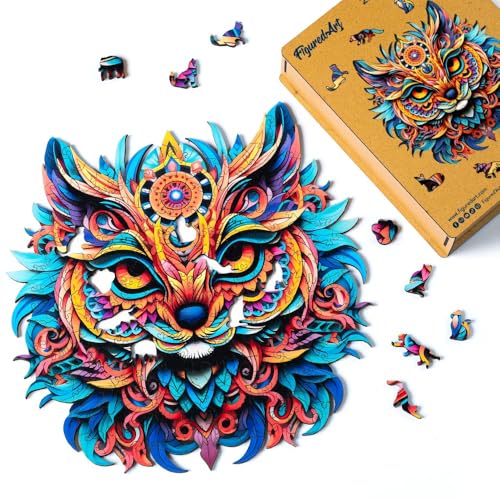 Figured'Art Holzpuzzle Erwachsene und Kinder 200 Teile Tiere - Lebendiges Katzen-Mandala - Originelles Design 28,5x28,5 cm Einzigartige Form mit Premium-Holzkiste von Figured'Art