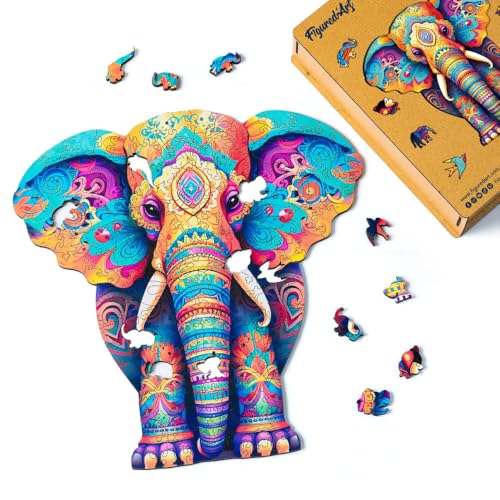 Figured'Art Holzpuzzle Erwachsene und Kinder 200 Teile Tiere - Majestätischer Elefant - Originelles Design 28,5x29 cm Einzigartige Form mit Premium-Holzkiste von Figured'Art