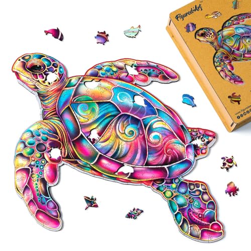 Figured'Art Holzpuzzle Erwachsene und Kinder 200 Teile Tiere - Meeresschildkröte - Originelles Design 32x31,8 cm Einzigartige Form mit Premium-Holzkiste von Figured'Art