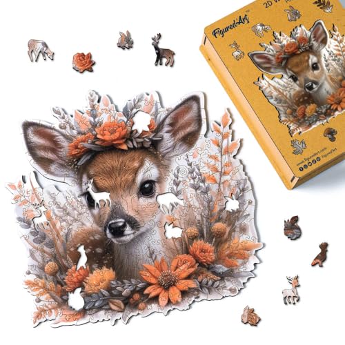 Figured'Art Holzpuzzle Erwachsene und Kinder 200 Teile Tiere - Rehkitz mit Blumen - Originelles Design 28,2x28,5 cm Einzigartige Form mit Premium-Holzkiste von Figured'Art