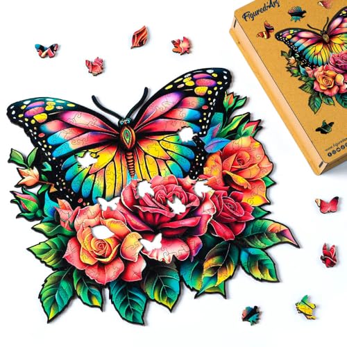 Figured'Art Holzpuzzle Erwachsene und Kinder 200 Teile Tiere - Schmetterling und Rosen - Originelles Design 29x28,3 cm Einzigartige Form mit Premium-Holzkiste von Figured'Art