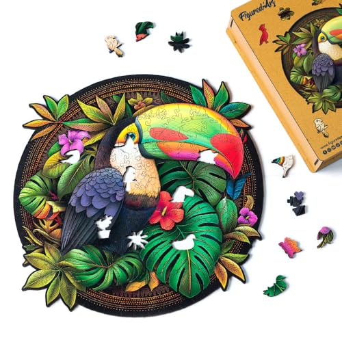 Figured'Art Holzpuzzle Erwachsene und Kinder 200 Teile Tiere - Tropischer Tukan - Originelles Design 28,5x28,5 cm Einzigartige Form mit Premium-Holzkiste von Figured'Art