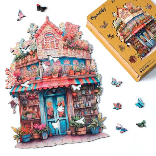 Figured'Art Holzpuzzle Erwachsene und Kinder 200 Teile - Verspielter Florist - Originelles Design 22,4x32 cm Einzigartige Form mit Premium-Holzkiste von Figured'Art