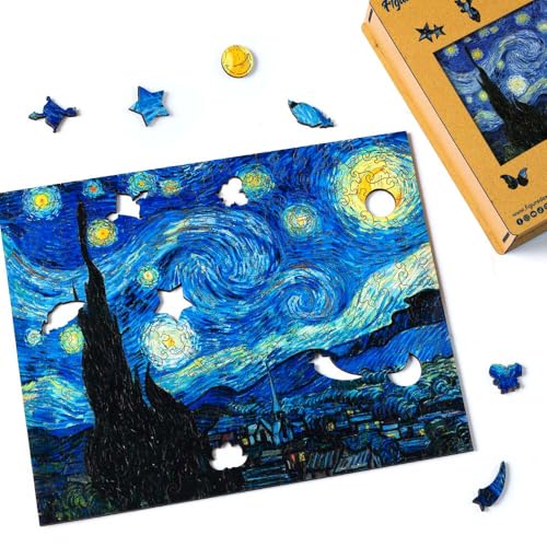 Figured'Art Holzpuzzle für Erwachsene und Kinder, 200 Teile – Van Goghs Sternennacht – originelles Design, 30,5 x 24,5 cm, einzigartige Form mit Premium-Holzbox, perfekt zum Verschenken von Figured'Art