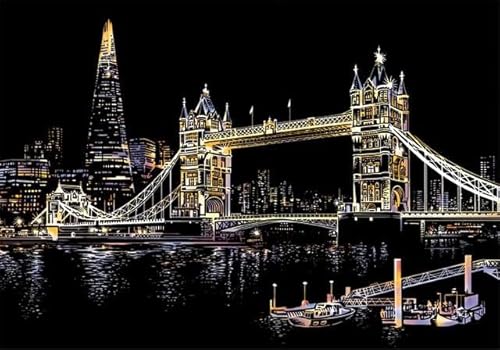 Figured'Art Kratzbild im Format A3 (29,7 x 42 cm) – Londoner Brücke – komplettes Set mit Scratch Painting Kratzkarte von Figured'Art