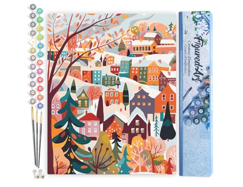 Figured'Art Malen Nach Zahlen Erwachsene Buntes Winterdorf - Paint by Numbers Basteln DIY Bastelset 40x50cm ohne Holzrahmen von Figured'Art