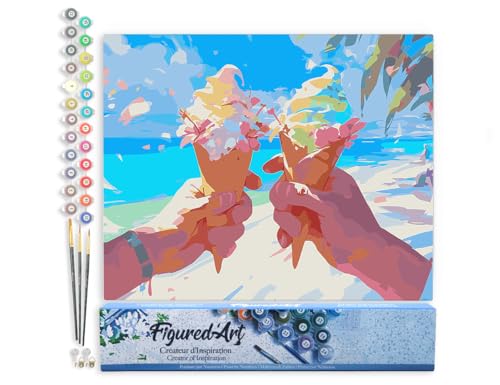 Figured'Art Malen Nach Zahlen Erwachsene Eiscreme am Strand - Paint by Numbers Basteln DIY Bastelset 40x50cm ohne Holzrahmen von Figured'Art