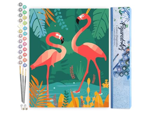 Figured'Art Malen Nach Zahlen Erwachsene Flamingos im Wasser - Paint by Numbers Basteln DIY Bastelset 40x50cm ohne Holzrahmen von Figured'Art