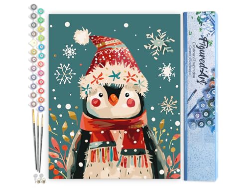 Figured'Art Malen Nach Zahlen Erwachsene Kleiner Weihnachts-Pinguin - Paint by Numbers Basteln DIY Bastelset 40x50cm ohne Holzrahmen von Figured'Art