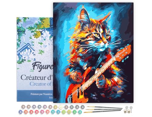 Figured'Art Malen Nach Zahlen Erwachsene Mit Rahmen Abstrakte Rocker Katze - Paint by Numbers Basteln DIY Bastelset 40x50cm - Leinwand gespannt auf Holzrahmen von Figured'Art