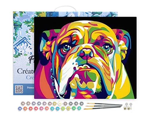 Figured'Art Malen Nach Zahlen Erwachsene Mit Rahmen Bulldog Pop Art - Paint by Numbers Basteln DIY Bastelset 40x50cm - Leinwand gespannt auf Holzrahmen von Figured'Art