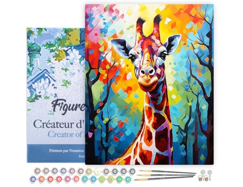 Figured'Art Malen Nach Zahlen Erwachsene Mit Rahmen Giraffe Farbenfroh Abstrakt - Paint by Numbers Basteln DIY Bastelset 40x50cm - Leinwand gespannt auf Holzrahmen von Figured'Art