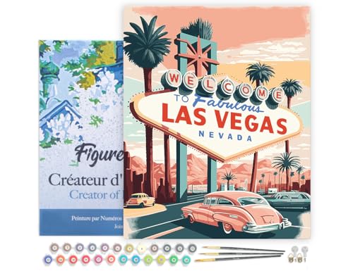 Figured'Art Malen Nach Zahlen Erwachsene Mit Rahmen Reiseposter Las Vegas - Paint by Numbers Basteln DIY Bastelset 40x50cm - Leinwand gespannt auf Holzrahmen von Figured'Art