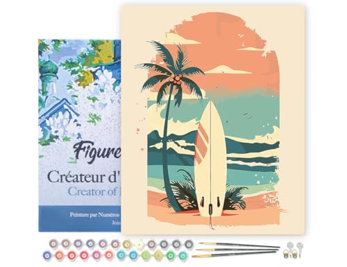 Figured'Art Malen Nach Zahlen Erwachsene Mit Rahmen Surfbrett am Strand - Paint by Numbers Basteln DIY Bastelset 40x50cm - Leinwand gespannt auf Holzrahmen von Figured'Art