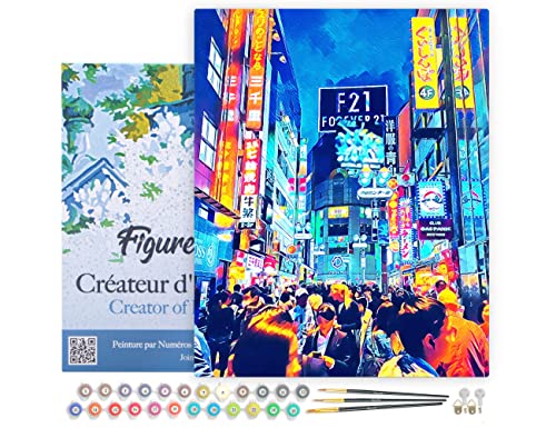 Figured'Art Malen Nach Zahlen Erwachsene Mit Rahmen Tokyo Shibuya - Paint by Numbers Basteln DIY Bastelset 40x50cm Leinwand gespannt auf Holzrahmen von Figured'Art