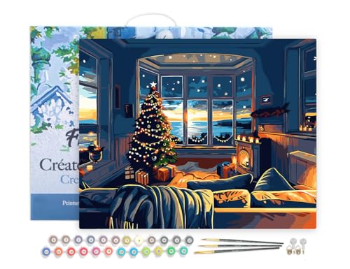 Figured'Art Malen Nach Zahlen Erwachsene Mit Rahmen Weihnachtszimmer an der Bucht - Paint by Numbers Basteln DIY Bastelset 40x50cm - Leinwand gespannt auf Holzrahmen von Figured'Art