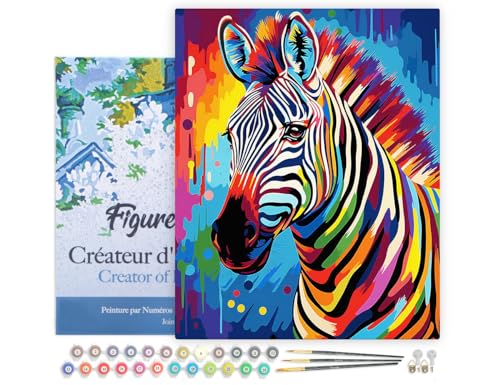 Figured'Art Malen Nach Zahlen Erwachsene Mit Rahmen Zebra Farbenfroh Abstrakt - Paint by Numbers Basteln DIY Bastelset 40x50cm - Leinwand gespannt auf Holzrahmen von Figured'Art