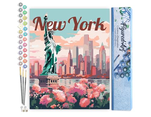 Figured'Art Malen Nach Zahlen Erwachsene Reiseposter New York in voller Blüte - Paint by Numbers Basteln DIY Bastelset 40x50cm ohne Holzrahmen von Figured'Art