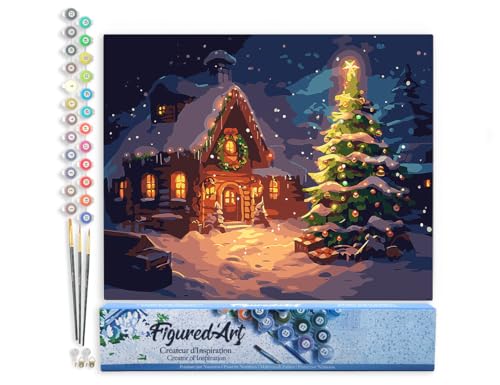 Figured'Art Malen Nach Zahlen Erwachsene Schneebedeckte Weihnachtshütte - Paint by Numbers Basteln DIY Bastelset 40x50cm ohne Holzrahmen von Figured'Art