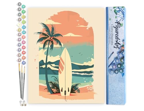 Figured'Art Malen Nach Zahlen Erwachsene Surfbrett am Strand - Paint by Numbers Basteln DIY Bastelset 40x50cm ohne Holzrahmen von Figured'Art