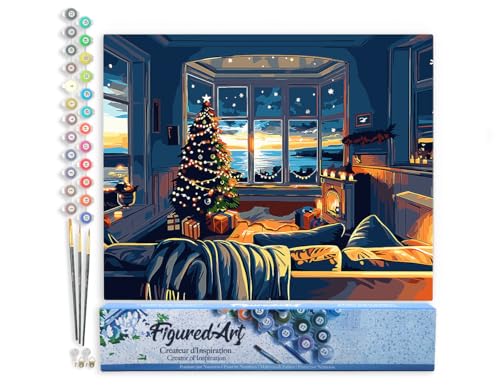 Figured'Art Malen Nach Zahlen Erwachsene Weihnachtszimmer an der Bucht - Paint by Numbers Basteln DIY Bastelset 40x50cm ohne Holzrahmen von Figured'Art