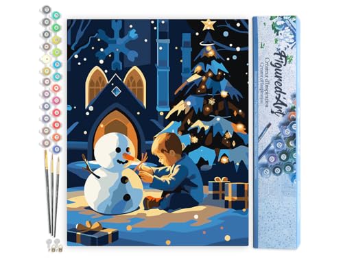 Figured'Art Malen Nach Zahlen Erwachsene Winternacht Junge und Schneemann - Paint by Numbers Basteln DIY Bastelset 40x50cm ohne Holzrahmen von Figured'Art