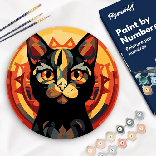 Figured'Art Malen nach Zahlen für Erwachsene auf einer Holzscheibe von 30 cm Durchmesser - Art-Deco-Schwarze Katze - Paint by Numbers Basteln DIY Bastelset von Figured'Art