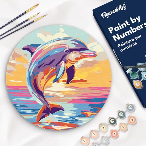 Figured'Art Malen nach Zahlen für Erwachsene auf einer Holzscheibe von 30 cm Durchmesser - Delfin - Paint by Numbers Basteln DIY Bastelset von Figured'Art