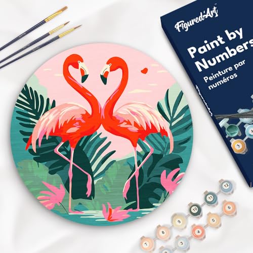 Figured'Art Malen nach Zahlen für Erwachsene auf einer Holzscheibe von 30 cm Durchmesser - Tropische Flamingos - Paint by Numbers Basteln DIY Bastelset von Figured'Art