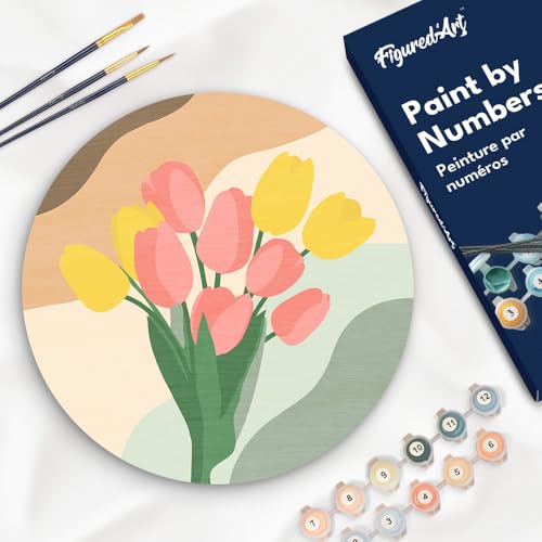 Figured'Art Malen nach Zahlen für Erwachsene auf einer Holzscheibe von 30 cm Durchmesser - Tulpenstrauß - Paint by Numbers Basteln DIY Bastelset von Figured'Art