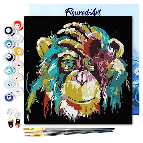 Figured'Art Mini Malen Nach Zahlen Erwachsene Mit Rahmen 20x20cm Kleines Format - Affe Pop Art - Paint by Numbers Basteln DIY Bastelset Leinwand gespannt auf Holzrahmen von Figured'Art