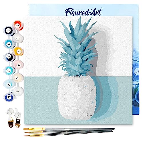 Figured'Art Mini Malen Nach Zahlen Erwachsene Mit Rahmen 20x20cm Kleines Format - Ananas - Paint by Numbers Basteln DIY Bastelset Leinwand gespannt auf Holzrahmen von Figured'Art