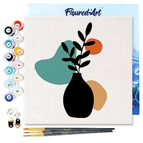 Figured'Art Mini Malen Nach Zahlen Erwachsene Mit Rahmen 20x20cm Kleines Format - Blaue Pflanze und Vase - Paint by Numbers Basteln DIY Bastelset Leinwand gespannt auf Holzrahmen von Figured'Art