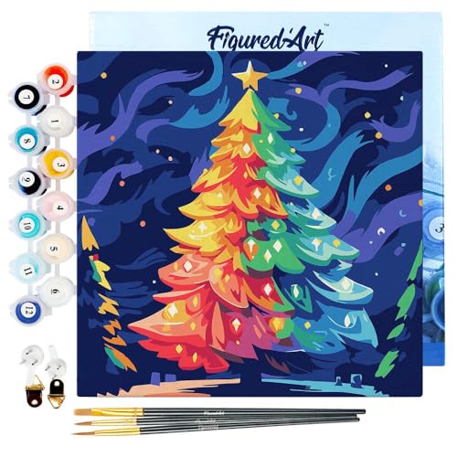 Figured'Art Mini Malen Nach Zahlen Erwachsene Mit Rahmen 20x20cm Kleines Format - Bunter Weihnachtsbaum - Paint by Numbers Basteln DIY Bastelset Leinwand gespannt auf Holzrahmen von Figured'Art