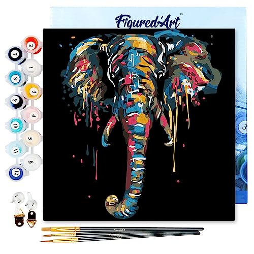 Figured'Art Mini Malen Nach Zahlen Erwachsene Mit Rahmen 20x20cm Kleines Format - Elefant - Paint by Numbers Basteln DIY Bastelset Leinwand gespannt auf Holzrahmen von Figured'Art