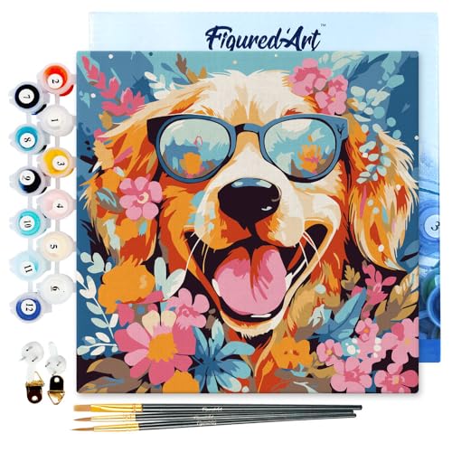 Figured'Art Mini Malen Nach Zahlen Erwachsene Mit Rahmen 20x20cm Kleines Format - Fantasie-Hund und Blumen - Paint by Numbers Basteln DIY Bastelset Leinwand gespannt auf Holzrahmen von Figured'Art