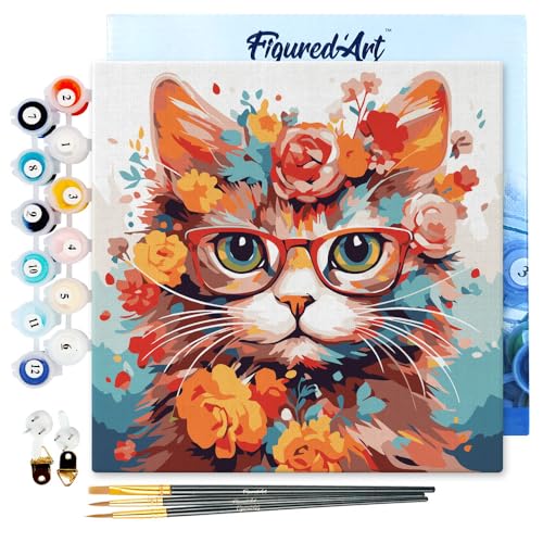 Figured'Art Mini Malen Nach Zahlen Erwachsene Mit Rahmen 20x20cm Kleines Format - Fantasie-Katze und Blumen - Paint by Numbers Basteln DIY Bastelset Leinwand gespannt auf Holzrahmen von Figured'Art