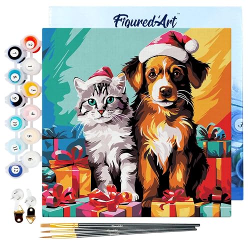 Figured'Art Mini Malen Nach Zahlen Erwachsene Mit Rahmen 20x20cm Kleines Format - Festliche Katze & Hund - Paint by Numbers Basteln DIY Bastelset Leinwand gespannt auf Holzrahmen von Figured'Art