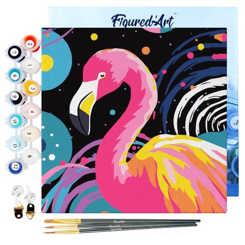 Figured'Art Mini Malen Nach Zahlen Erwachsene Mit Rahmen 20x20cm Kleines Format - Flamingo Abstrakt Pop Art - Paint by Numbers Basteln DIY Bastelset Leinwand gespannt auf Holzrahmen von Figured'Art