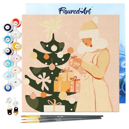 Figured'Art Mini Malen Nach Zahlen Erwachsene Mit Rahmen 20x20cm Kleines Format - Frau mit Weihnachtsbaum - Paint by Numbers Basteln DIY Bastelset Leinwand gespannt auf Holzrahmen von Figured'Art